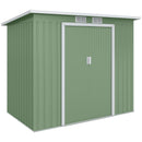 7x4 green metal storage shed with a white door on a white background