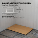 Wooden foundation kit on a tiled floor with dimensions and installation instructions.