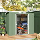 7 x 4 Green storage shed with open door showing various items on a wooden deck.