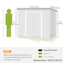Measurement chart of a storage shed with dimensions and a human figure for scale.