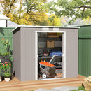 7x4 gray garden storage shed with open door showing various items, surrounded by greenery.
