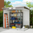 7x4 grey garden storage shed with shelves and storage units outdoors on a sunny day
