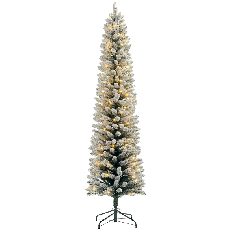 Flocked artificial Christmas tree with lights on a white background