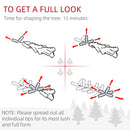 Diagram showing steps to shape a Christmas tree with text indicating time for shaping and spread-out tips for full form.