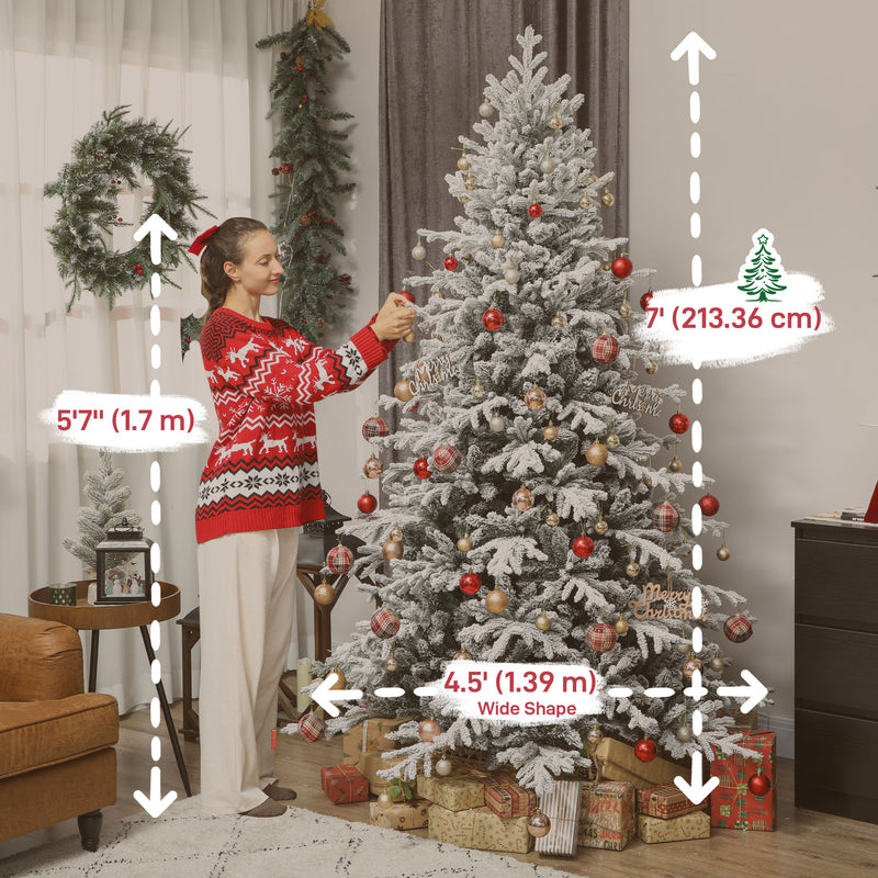7ft Snow Flocked Artificial Christmas Tree, Realistic Pine Tips and Metal Stand