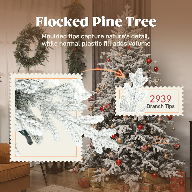 7ft Snow Flocked Artificial Christmas Tree, Realistic Pine Tips and Metal Stand