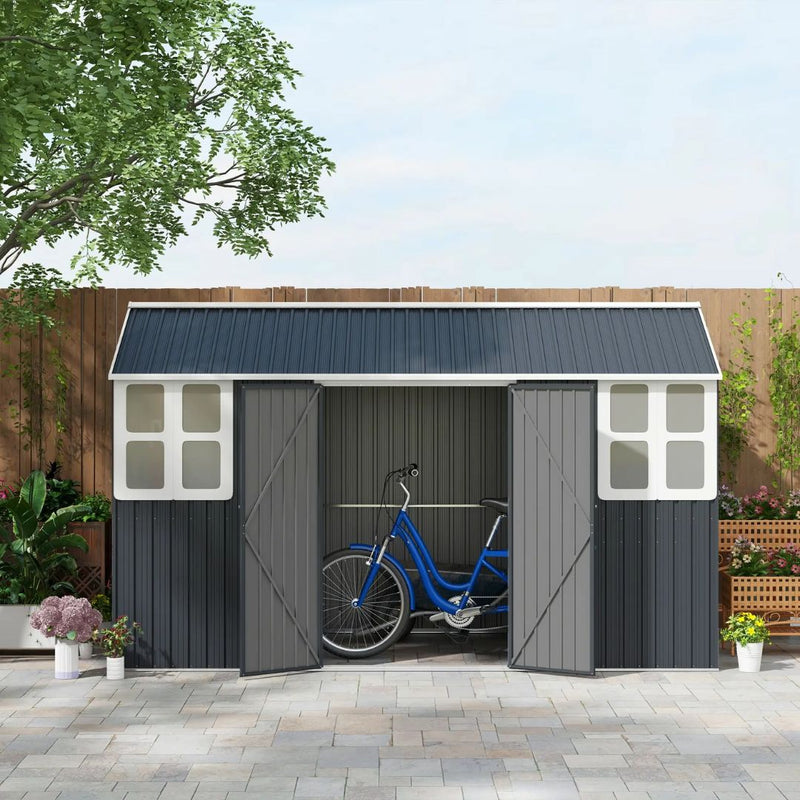 12' x 5.5' Outdoor Garden Storage Shed with 2 Swing Doors and Windows - Dark Grey