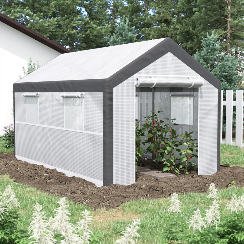 12' x 7' Heavy Duty Walk-In Plastic Cover Garden Greenhouse, Peaked Roof, Steel Frame, White