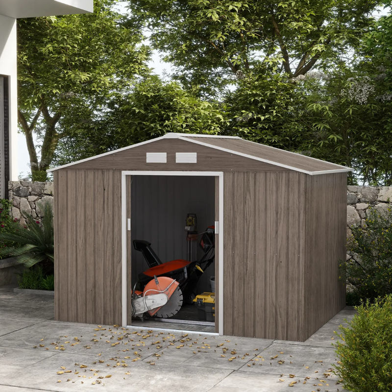 9' x 6.4' Outdoor Garden Storage Shed with Dual Sliding Doors - Brown Wood Grain