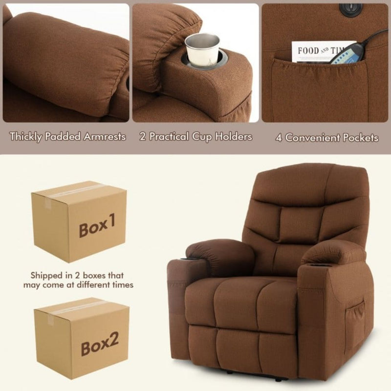 Wyatt Electric Lift Assist Recliner Chair with Vibration Massage and Lumbar Heat - Brown