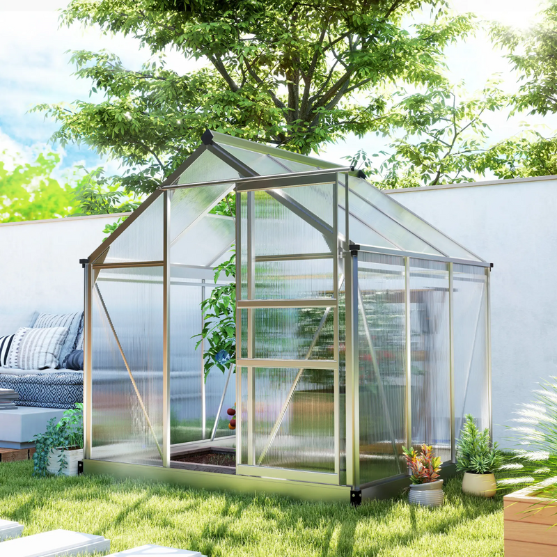 6.2' x 6.3' Walk-In Greenhouse with Aluminum Frame, Polycarbonate Panels, Sliding Door - Silver