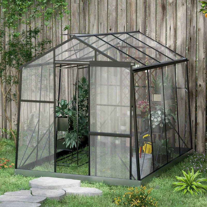 6' x 8' Walk-In Aluminum Frame Greenhouse, Polycarbonate Panels, Swing Door - Black