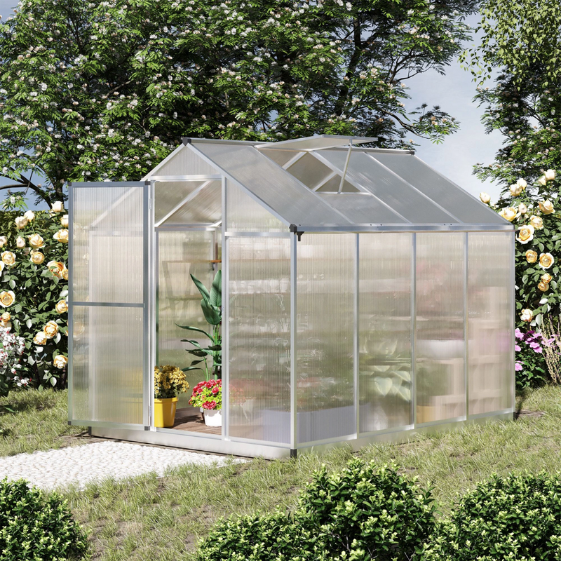 8' x 6' Walk-In Aluminum Frame Greenhouse with Polycarbonate Panels, Swing Door - Silver