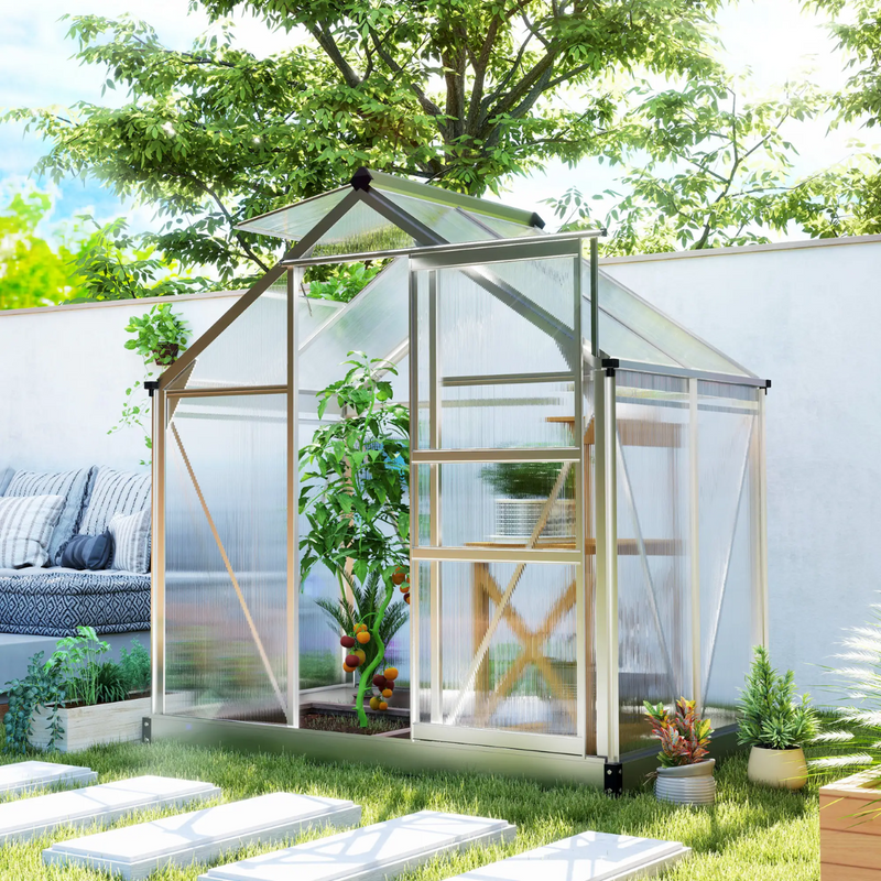 6.2' x 4.3' Walk-In Greenhouse with Aluminum Frame, Polycarbonate Panels and Sliding Door - Silver