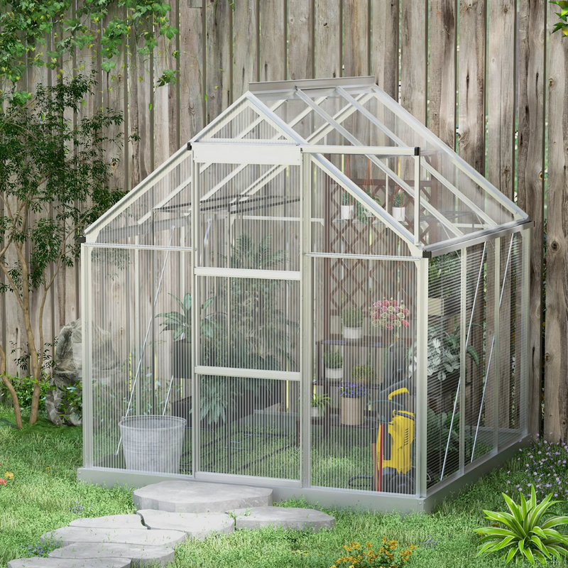 6' x 6' Walk-In Aluminum Frame Greenhouse, Polycarbonate Panels, Sliding Door - Silver