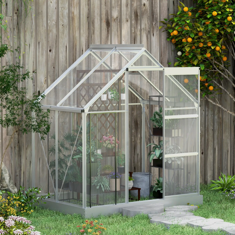 6' x 4' Walk-In Aluminum Frame Greenhouse, Polycarbonate Panels, Sliding Door - Silver