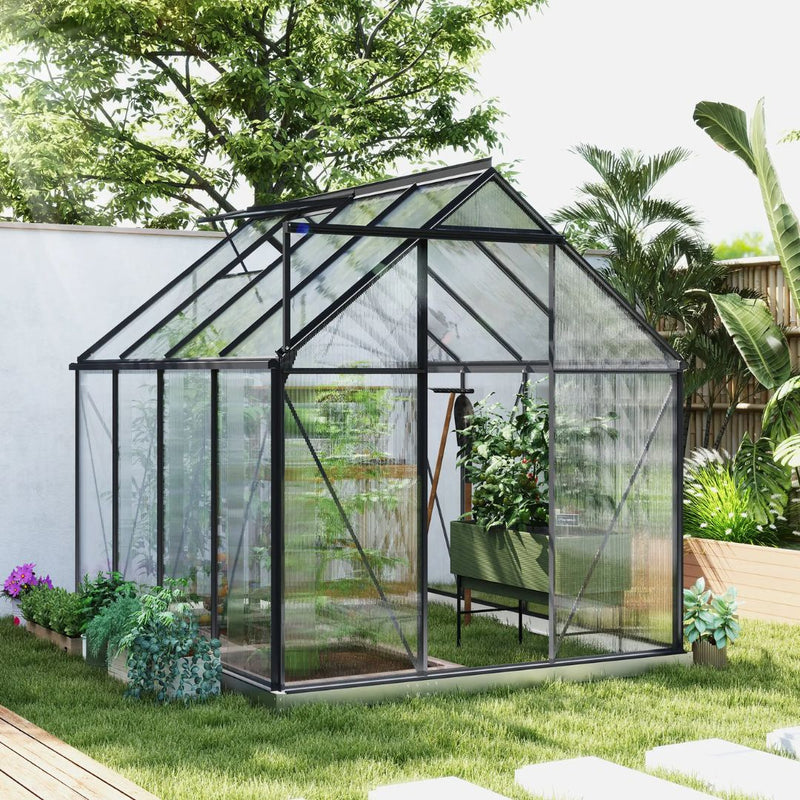 6' x 8' Walk-In Greenhouse with Aluminum Frame and Polycarbonate Panels, Sliding Door - Grey