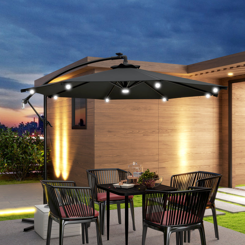 Patio Umbrellas, 8.8ft Cantilever Patio Umbrella with Solar LED Lights - Grey - Seasonal Overstock