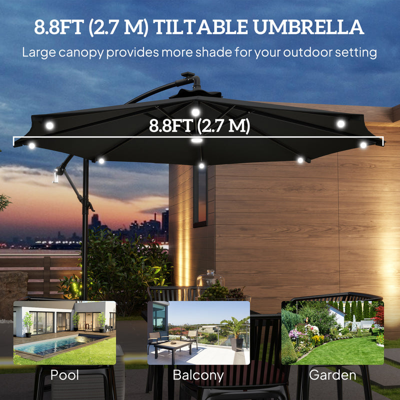 Patio Umbrellas, 8.8ft Cantilever Patio Umbrella with Solar LED Lights - Grey - Seasonal Overstock