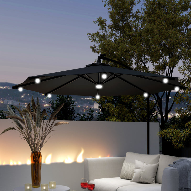 Patio Umbrellas, 8.8ft Cantilever Patio Umbrella with Solar LED Lights - Grey - Seasonal Overstock