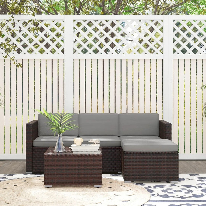 Patio Furniture, Sola Vina 3pc Outdoor Patio Sofa and Ottoman Set with Table - Grey - Seasonal Overstock