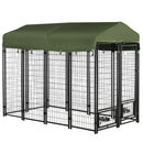 8' x 4' Steel Outdoor Dog Kennel with Rotating Food & Water Bowls, 6' Height & Green Canopy Cover