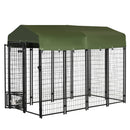 8' x 4' Steel Outdoor Dog Kennel with Rotating Food & Water Bowls, 6' Height & Green Canopy Cover