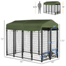 8' x 4' Steel Outdoor Dog Kennel with Rotating Food & Water Bowls, 6' Height & Green Canopy Cover