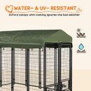 8' x 4' Steel Outdoor Dog Kennel with Rotating Food & Water Bowls, 6' Height & Green Canopy Cover