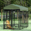 8' x 4' Steel Outdoor Dog Kennel with Rotating Food & Water Bowls, 6' Height & Green Canopy Cover
