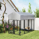 8' x 4' x 6' Steel Outdoor Dog Kennel with Rotating Bowls & Grey Canopy Cover
