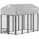 8' x 4' x 6' Steel Outdoor Dog Kennel with Rotating Bowls & Grey Canopy Cover