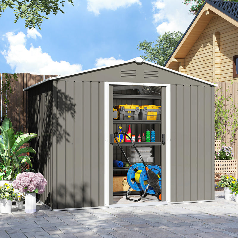 8' x 6' Outdoor Garden Storage Shed with Dual Sliding Doors - Light Grey