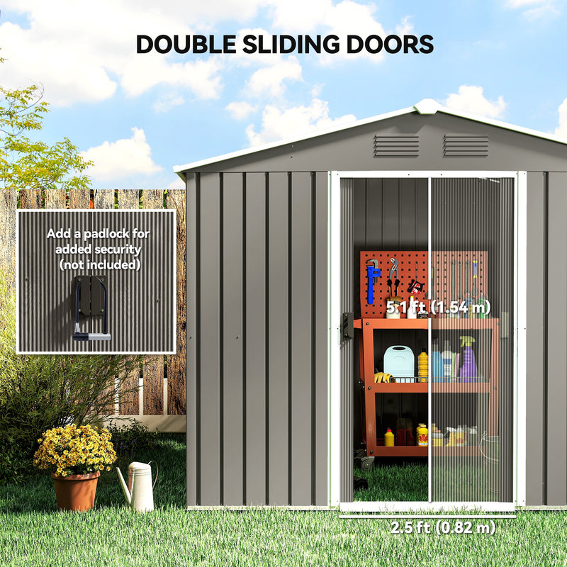 8' x 6' Outdoor Garden Storage Shed with Dual Sliding Doors - Light Grey