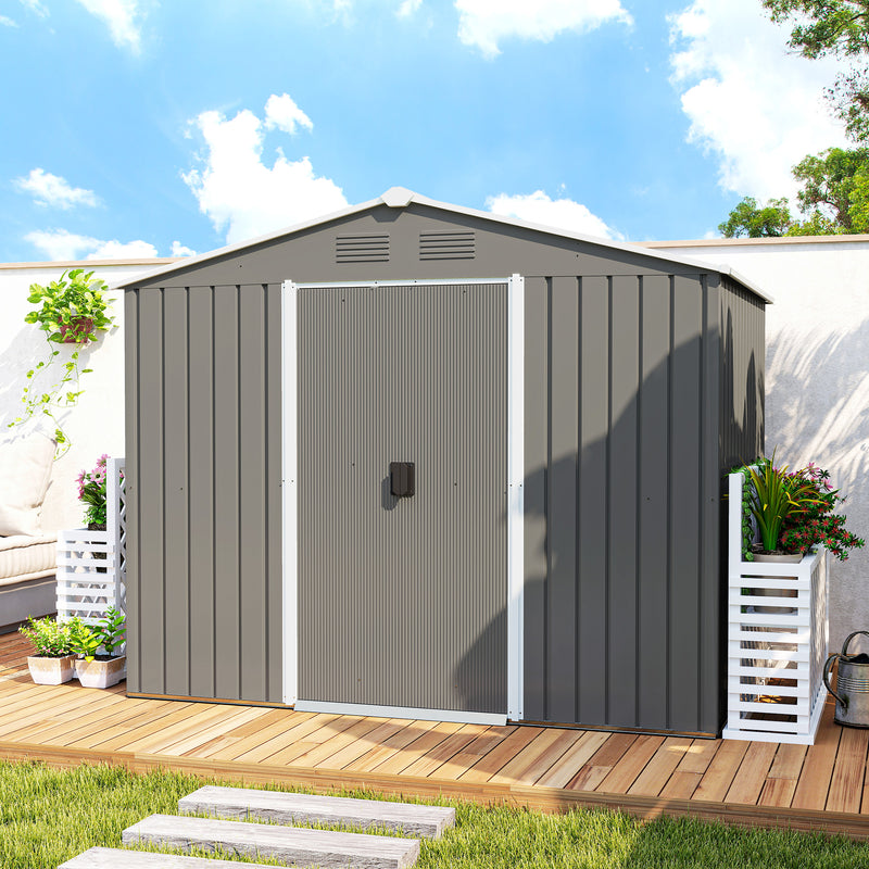 8' x 6' Outdoor Garden Storage Shed with Dual Sliding Doors - Light Grey