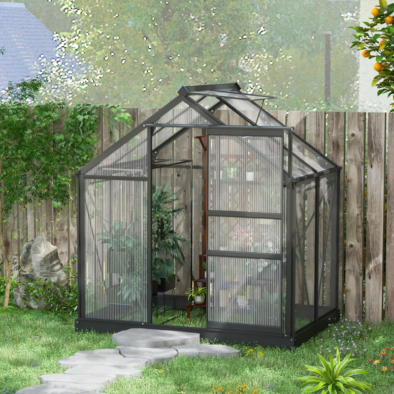 6.2' x 4.3' Walk-In Greenhouse with Aluminum Frame, Polycarbonate Panels and Sliding Door - Grey