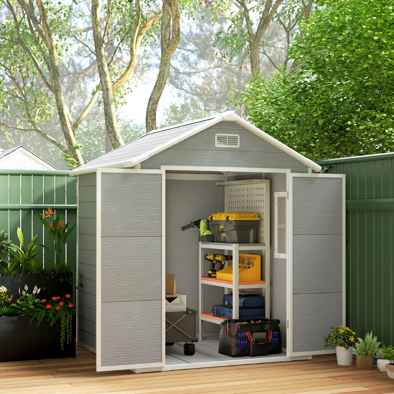 6' x 5' Polypropylene Resin Plastic Outdoor Storage Shed with Two Lockable Doors, Floor - Grey