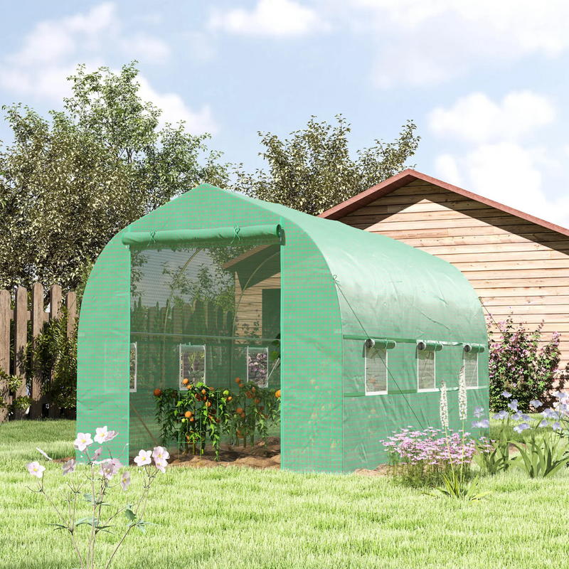 6.6' x 11.4' Walk-In Portable Plastic Cover Garden Greenhouse, Peaked Roof, Steel Frame, Green