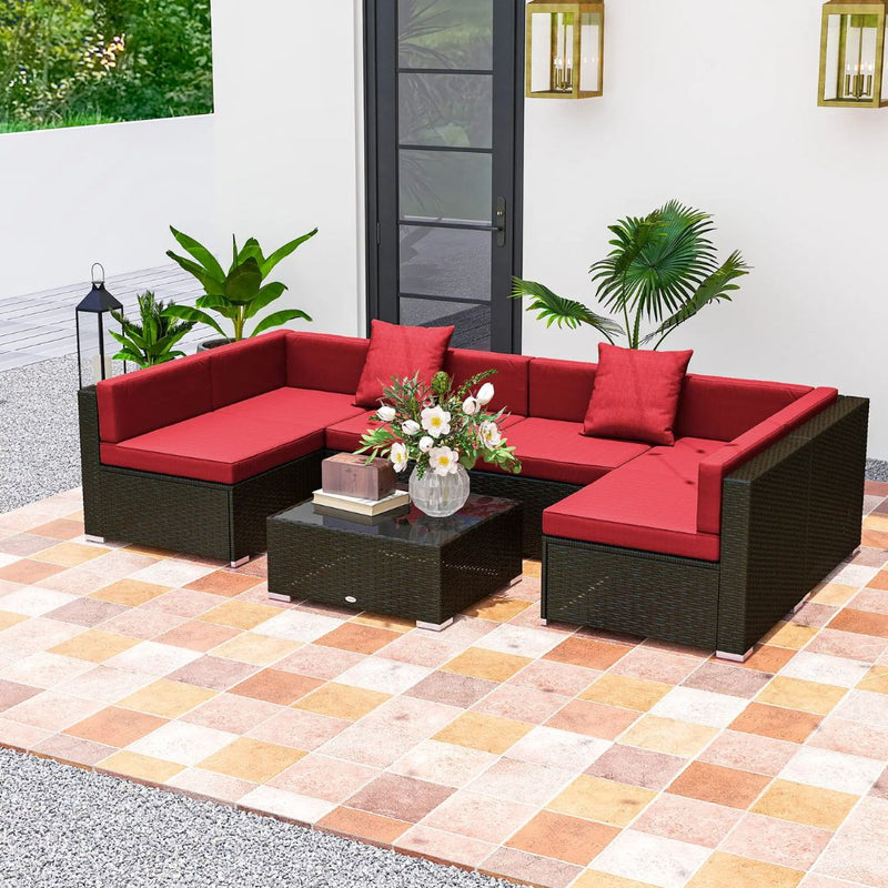 Patio Furniture, Peace River 7 Pc Rattan Wicker Modular Outdoor Furniture Sectional Sofa Set - Red / Brown - Seasonal Overstock