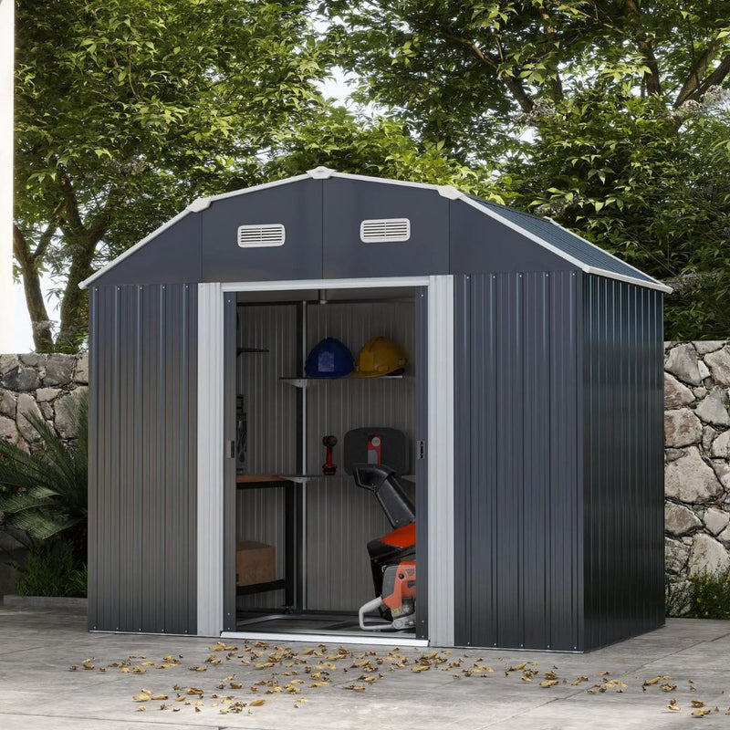 8' x 4' Galvanized Outdoor Garden Storage Shed with Shelving - Grey