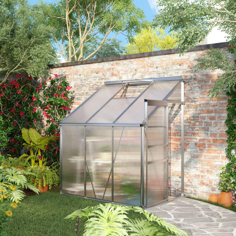 6' x 4' Lean To Walk-In Aluminum Frame Greenhouse with Polycarbonate Panels - Silver