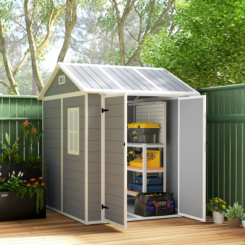 6' x 6' Polypropylene Resin Plastic Garden Shed with Dual Swing Doors - Grey