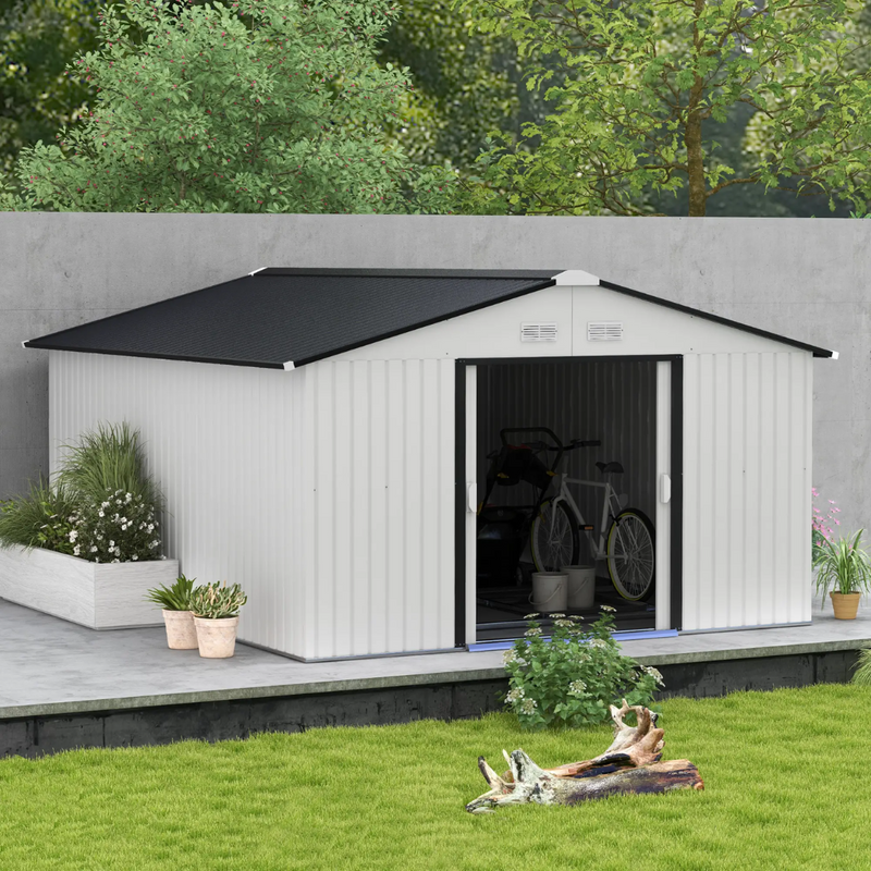 11.2' x 12.5' Large Garden Storage Shed with Dual Sliding Doors - Silver Grey