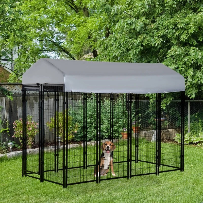 8' x 4' Solid Steel Fence Outdoor Dog Kennel with 6' Height and Oxford Canopy Cover