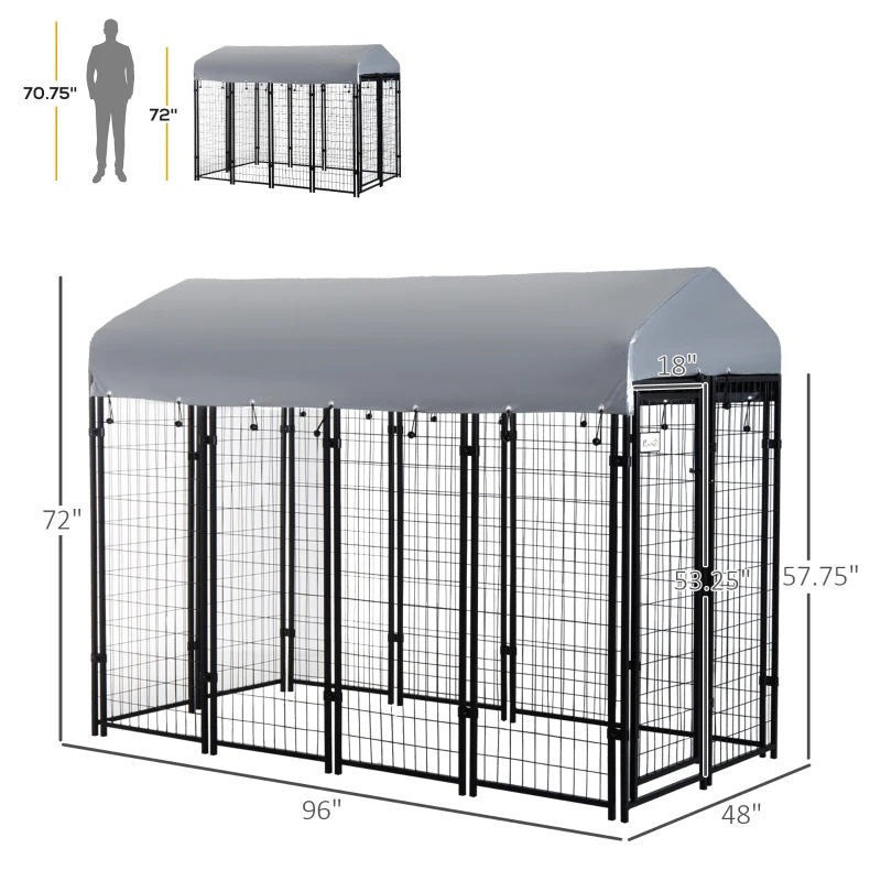 8' x 4' Solid Steel Fence Outdoor Dog Kennel with 6' Height and Oxford Canopy Cover