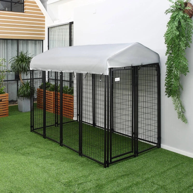 8' x 4' Solid Steel Fence Outdoor Dog Kennel with 6' Height and Oxford Canopy Cover