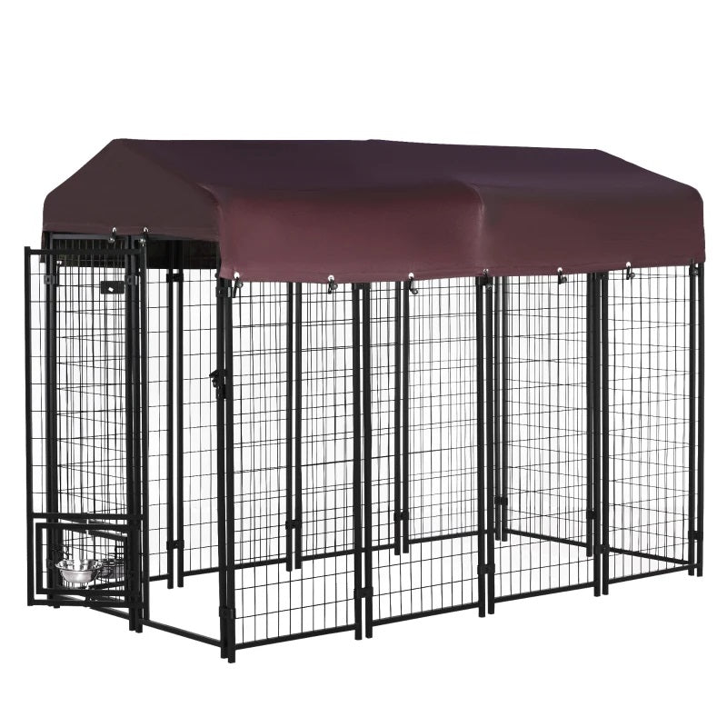 8' x 4' Steel Outdoor Dog Kennel with Rotating Food & Water Bowls, 6' Height & Canopy Cover