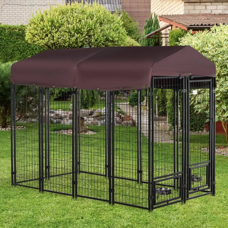 8' x 4' Steel Outdoor Dog Kennel with Rotating Food & Water Bowls, 6' Height & Canopy Cover