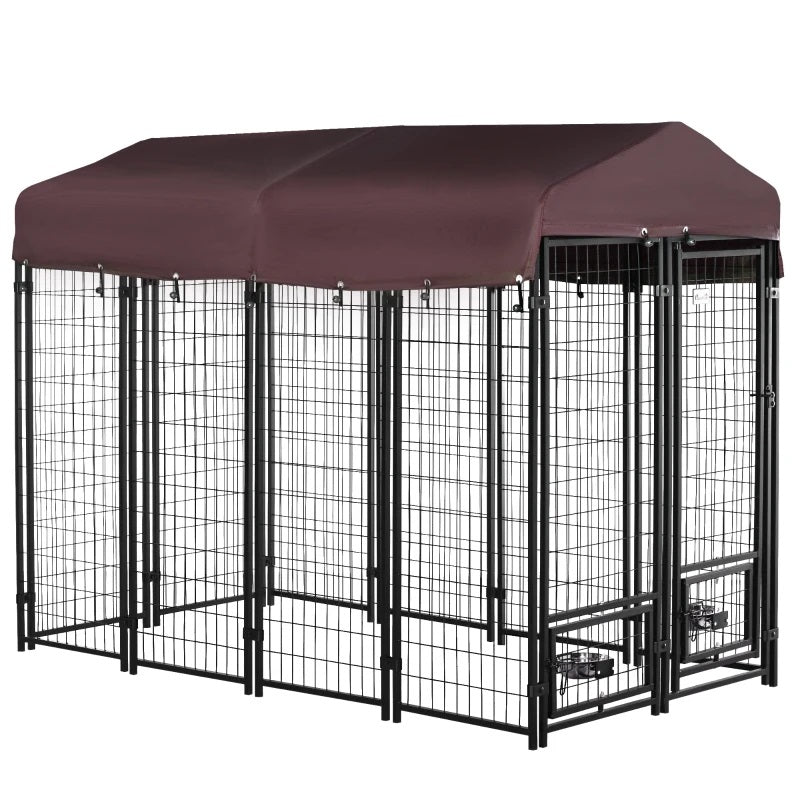 8' x 4' Steel Outdoor Dog Kennel with Rotating Food & Water Bowls, 6' Height & Canopy Cover