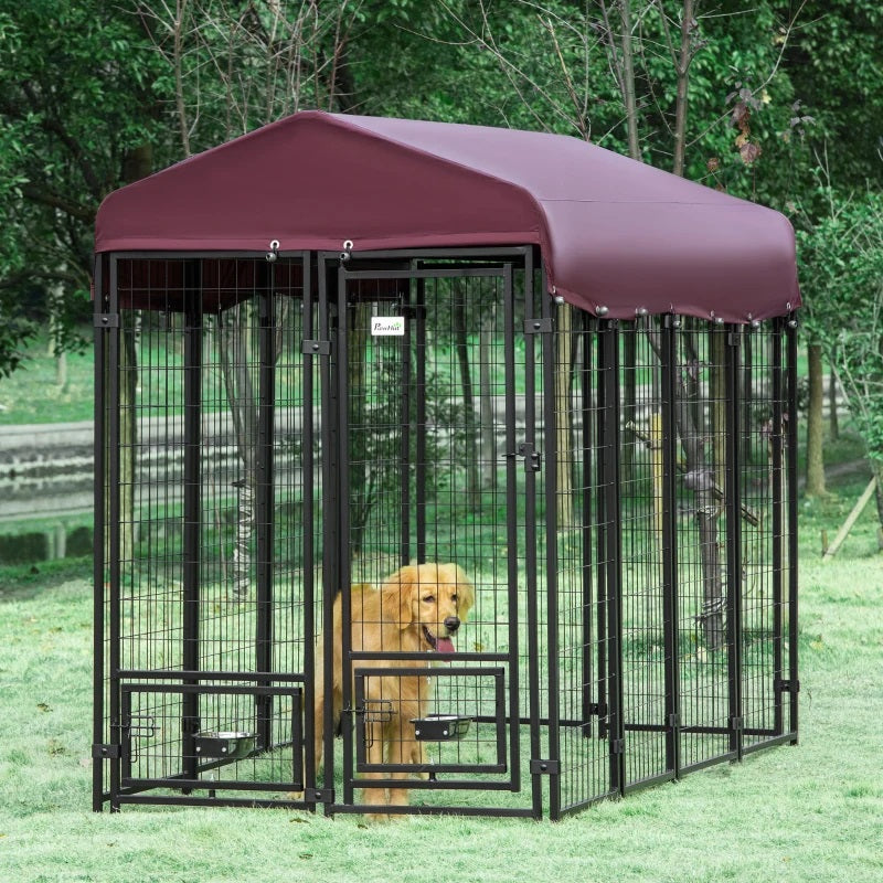 8' x 4' Steel Outdoor Dog Kennel with Rotating Food & Water Bowls, 6' Height & Canopy Cover